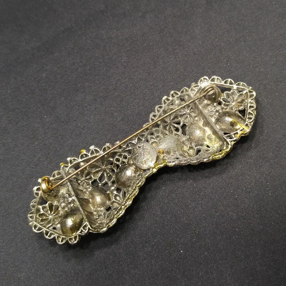 Vintage Rhinestone Floral Bow Brooch, Filigree Flowers, 1930s Jewelry